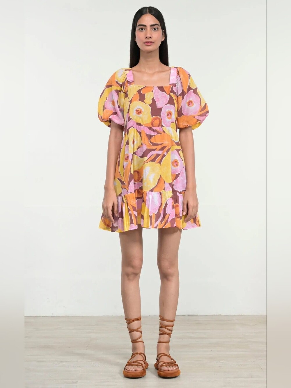 Banjanan Harley Square Neck Puff Sleeve Euphoric Bloom Paprika Dress Size Medium